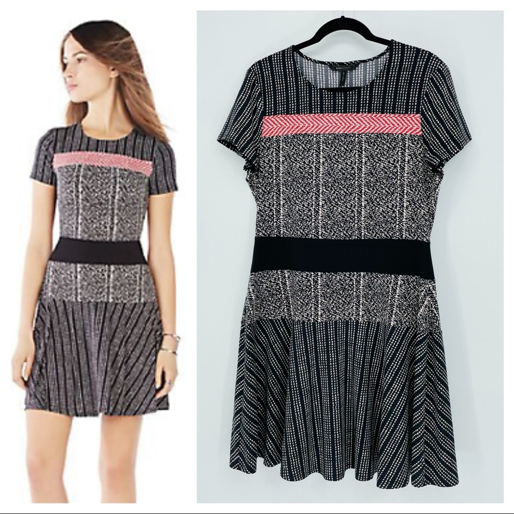BCBGMAXAZRIA Kristin Fit Flare Dress Short Sleeve Stretch Round Neck Black Combo